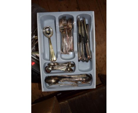 A set of EPNS cutlery for six; together with various other silver plate; a Victorian gilt brass decorated walnut book slide a