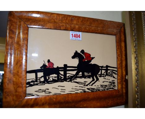 A pair of reverse glass painted fox hunting silhouettes, 15.5 x 24cm, each in a birds eye maple frame.