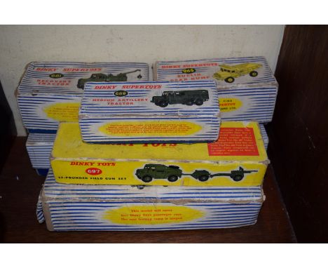 Six Dinky vehicles, comprising: 986 Mighty Antar Lo-Loader, with propeller; 982 Pullmore Car Transporter; 661 Recovery Tracto