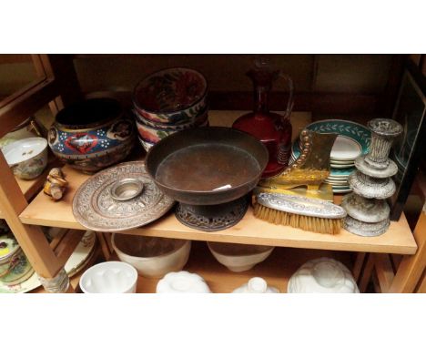 A mixed lot, to include: a cloisonne enamel bowl; and a cranberry glass ewer.