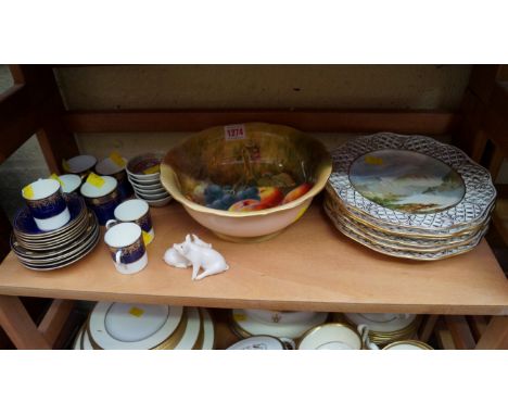 A Royal Worcester fruit painted bowl, by Ricketts, 23cm diameter, (chipped); together with a set of six continental porcelain