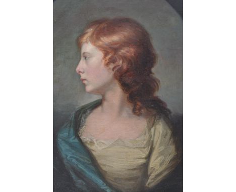 Hugh Douglas Hamilton (c.1739-1808) - An oil on canvas painting - portrait study&nbsp; of a lady seated with a blue shawl jac