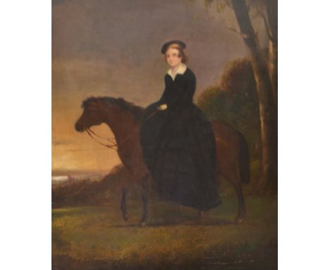 Miss S A Harding (British, 19th Century) - Portrait oil onn canvas painting of Elizabeth Carter on pony (1717-1806), oil on c