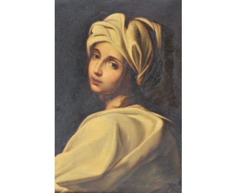 An oil on canvas portrait painting study of Beatrice Cenci looking over her shoulder in white gown and headdress. Thought to 