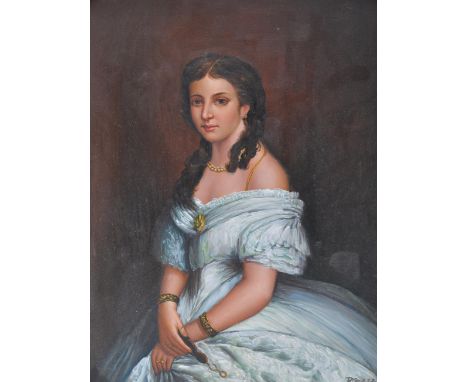 D Goetz, A 20th century oil on board painting portrait 3/4 study of young lady stood in a flowing blue period ball gown with 