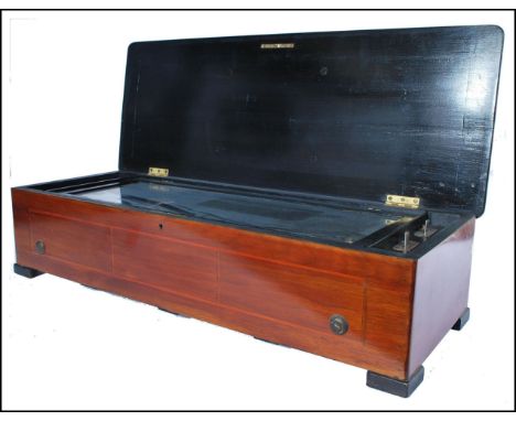 A 19th Century Swiss marquetry and mahogany cylinder Music Box, circa 1880. The rectangular body with hinged top opening to r
