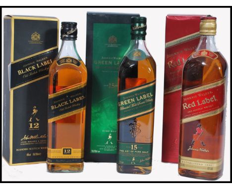 A collection of three boxed bottles of blended Scotch Whisky by Johnnie Walker, to include Red Label, Green Label and&nbsp; B