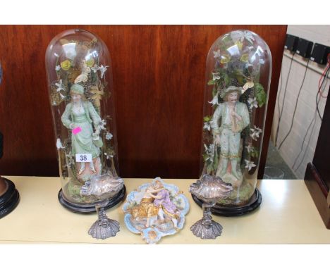 Pair of European ceramic figures under glass domes and wooden base. 45cm in Height, Pair of Silver plated Scallop dishes on d