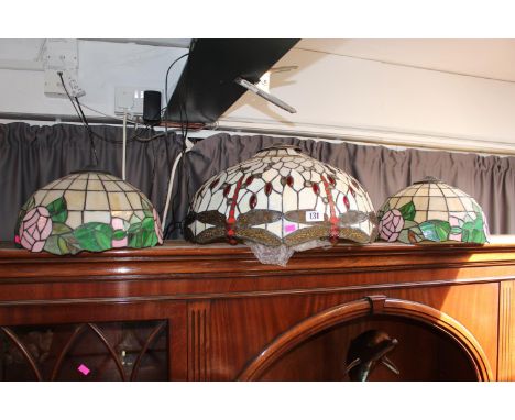 Large Tiffany style Dragonfly decorated Lamp shade and a Pair of Leaded lamp shades 