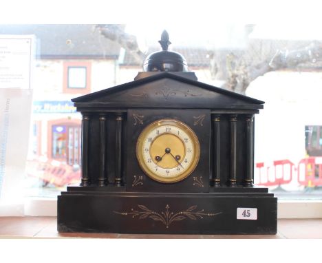19th Belgian Slate mantel clock with column supports and numeral face 40cm in Height 