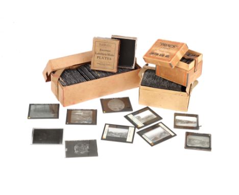Vintage Glass Lantern Slides, comprising a cardboard box with 1920s human figures printed on the outside containing quarter-p