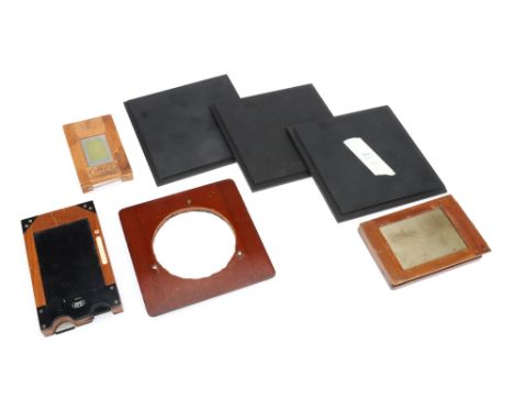 A Group of Photographic Plate Holders and Boards comprising a Zeiss Ikon 6 x 9cm double dark slide plate holder, a Zeiss Ikon