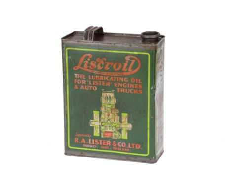 An R. A. Lister &amp; Co. Listroil Gallon Oil Can, with original livery, missing cap, in VG condition, with cut-away engine d