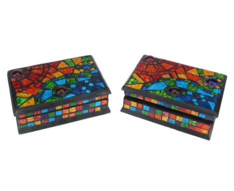 Two Mosaic &amp; Wood Trinket Boxes, one with tag "hand made in Bali", mirror to inside, in G condition,