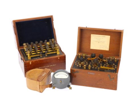 Collection of Early Electrical Test Equipment, Comprising of a Wheatsone Bridge by Elliot Brothers, London in a polished teak