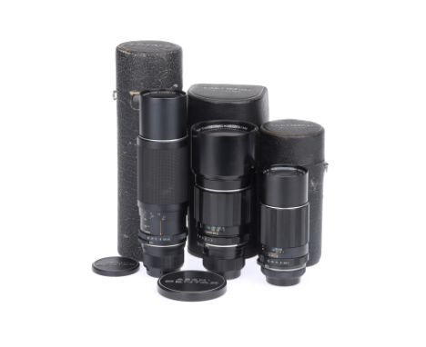 Three Asahi Super-Multi-Coated Takumar M42 Lenses comprising a black f/4 300mm lens, serial no. 5399833, body VG, auto/manual