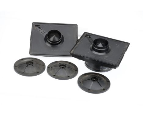Two Paterson Orbital Print Processing Tanks, black, body good, with a total of four red pegs, three manual bases, &amp; one p