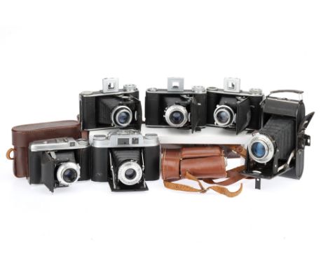 Six Voigtlander and Agfa Folding Roll Film Cameras comprising a 1949 model Bessa, with Color-Skopar f/3.5 105mm lens, an Agfa