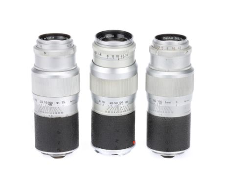 Three Leitz Wetzlar Hektor f/4.5 135mm Camera Lenses chrome, two screw mount, one bayonet mount, bodies overall F, elements o