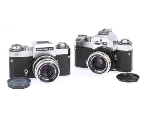 Two Zeiss Ikon Icarex 35mm SLR Cameras, to include an Icarex 35 CS, chrome, body G-VG, shutter working but sticks on slower s