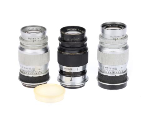 Three Leitz Wetzlar Elmar f/4 90mm Camera Lenses screw mount, bodies overall F-G, elements overall F, some haze and front mar
