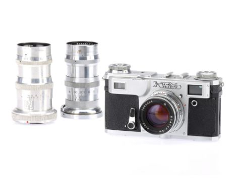 A Kiev 35mm Rangefinder Camera Outfit, chrome, body G, shutter working, rangefinder patch clear & bright, with Jupiter-8 f/2 