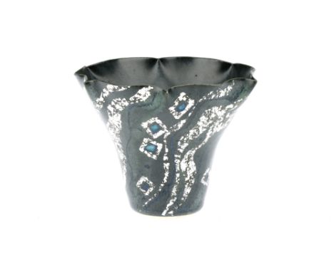 A Modern English Ceramic Vase, with silver leaf inclusions, signed Dupuy to base, 9.5cm height, 11.5 to 5.5cm taper, Phyllis 