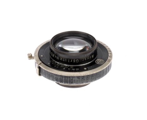 A Meyer Gorlitz Trioplan f/3 105mm Lens, black, serial no. 835792, body, G-VG, shutter working, elements, G-VG, some light ma