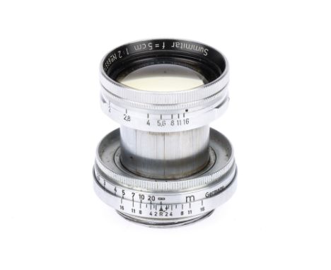 A Leitz Summitar f/2 50mm Lens, chrome, serial no. 665146, body, G, elements, P-F, some seperation and internal haze/marks