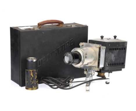 An Ensign Optiscope Magic Lantern, black, with lens, in outfit case,