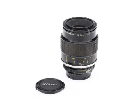 A Nikon AI Micro-Nikkor f/4 105mm Lens black, serial no. 177233, body G, elements F, moderate fungus, with caps