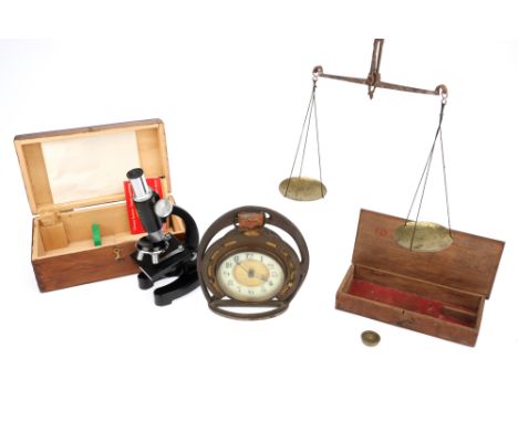 Scales, Clock and Microscope a set of Victorian hand scales in oak cse, the case scratch engraved 'R Campbell 1851 Cloghill',