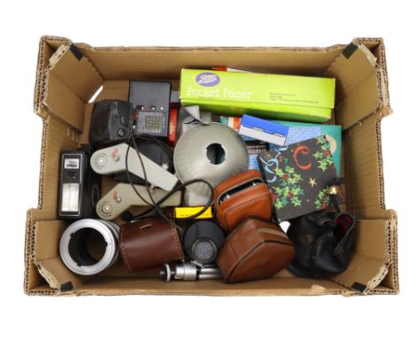 A Tray of Camera Accessories including a Leningrad 4 exposure meter, a set of Agilux extension tubes, various flashguns, a ta