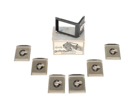 A Baby Rolleiflex TLR 4 x 4cm Camera Plate Back Adapter comprising six glass plate or cut film holders with dark slides, a ba