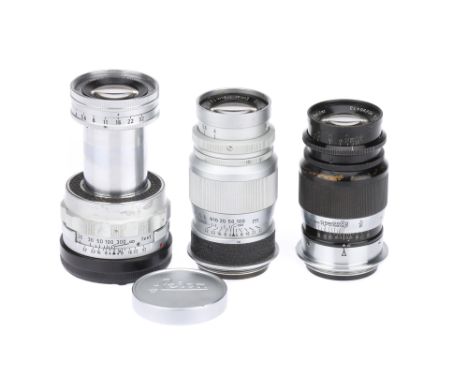Three Leitz Wetzlar Elmar f/4 9cm Camera Lenses two screw mount, one collapsible with bayonet mount, bodies overall F-G, elem