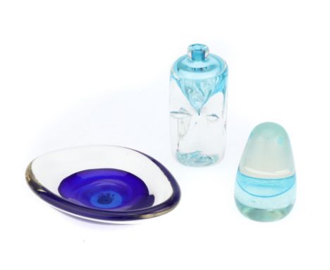 Small Group of Art Glass, to include a Caithness ship etched paperweight, a Selkirk Glass blue dish, and an unmarked posy vas