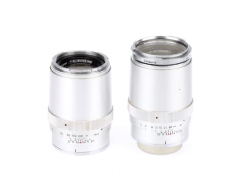 Two Carl Zeiss f/4 135mm Lenses for Contarex, chrome, bodies G, some signs of wear, optics G, some light haze & dust presentN