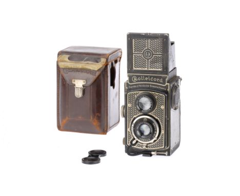 A Rollei Rolleicord I Art Deco TLR Camera, black with diamond pattern, 1933-36, serial no. 030502, with Carl Zeiss Jena Triot