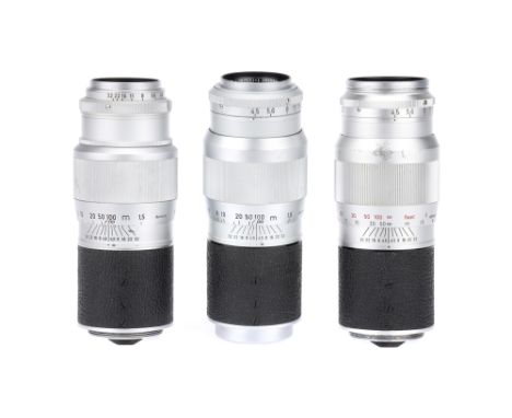 Three Leitz Wetzlar Hektor f/4.5 135mm Camera Lenses chrome, screw mount, bodies overall F, elements overall F-G, some fungus