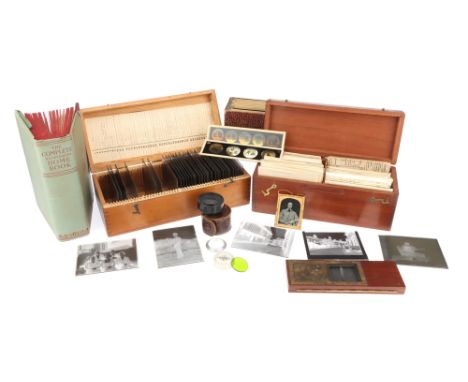 An Interesting Collection of Glass Plate Negatives, lanternslides etc.. A pine case containing 34 quarter-plate negatives, En