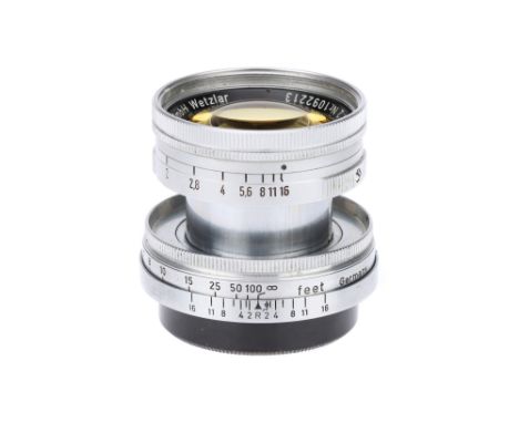 A Leitz Summicron 'Thorium' f/2 50mm Lens, chrome, serial no. 1092213, body, VG, elements, VG, some light internal haze and m