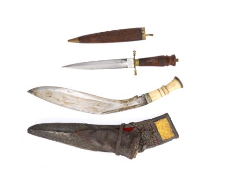 Ghurka Kukri, Nepalese, 19th/early 20th century, bone handle, carbon steel blade, with ornately decorated silver covered shea