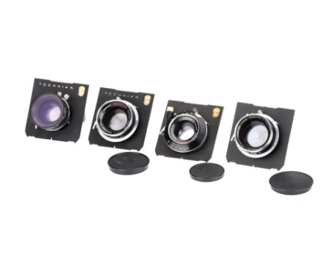 Four Large Format Lenses In Linhof Boards, to include a Schneider-Kreuznach Technika Symmar f/5.6 180mm lens, body G-VG, sync