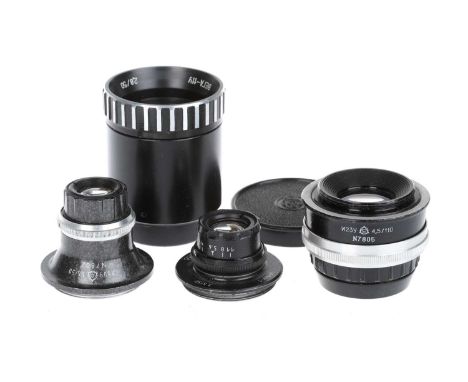 A Selection of Four Soviet Utility Lenses, to include an Industar 23-U f/4.5 110mm lens, optics G-VG, an Industar Ð¸-96Y-1 f/