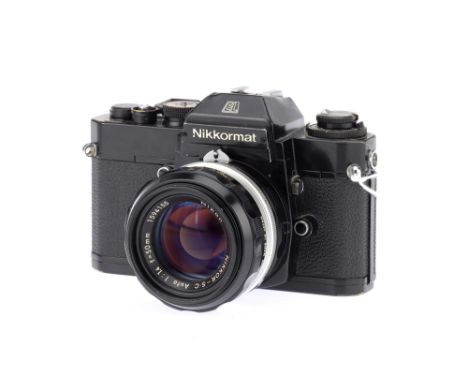 A Nikon Nikkormat EL 35mm SLR Camera, black, serial no. 5352778, body F-G, heavy signs of use, shutter working but sometimes 