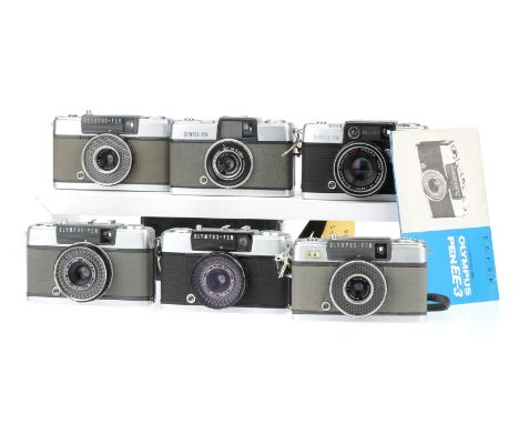 A Selection of Six Olympus Pen Half Frame 33mm Cameras, to include an Olympus Pen D3, body G-VG, leaf shutter blades stuck, w