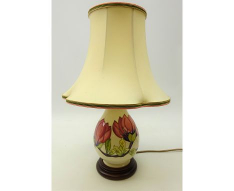 Moorcroft 'Magnolia' pattern table lamp with the original shade, H22cm (This item is PAT tested - 5 day warranty from date of