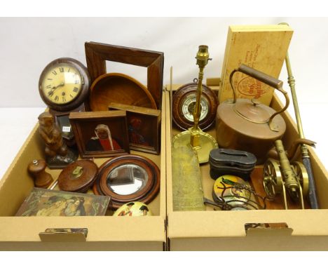 Victorian rosewood frame, oak wall clock of small proportions, 19th century brass candlestick converted to electric, incised 