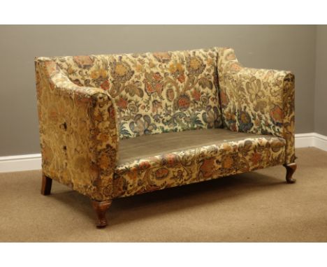 Late 19th century oak framed two seat sofa, drop end with brass handle, upholstered in Liberty type fabric, W155cm