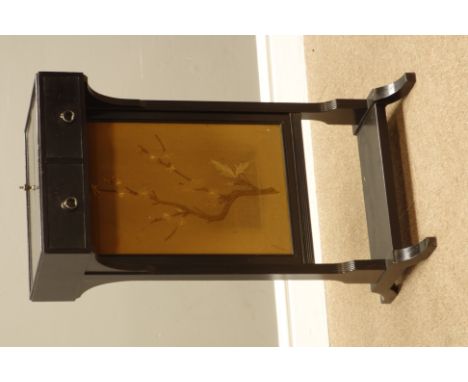 Late Victorian Aesthetic Movement black lacquered work table screen, with five trinket drawers, lift up screen with needle wo